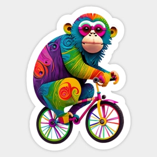 Rainbow colored monkey on a bicycle Sticker